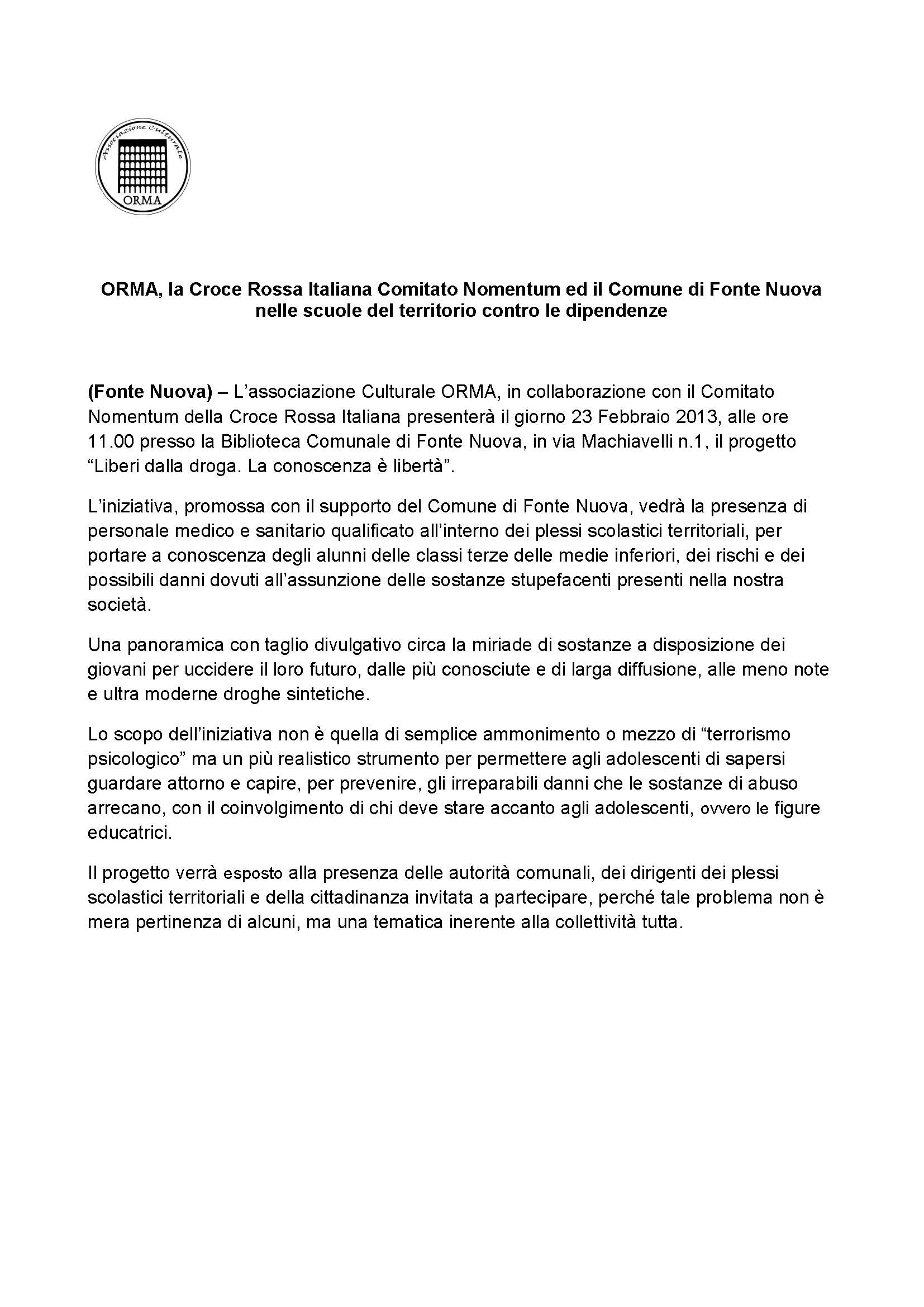 Fonte Nuova: “Liberi dalla droga. La conoscenza è libertà”