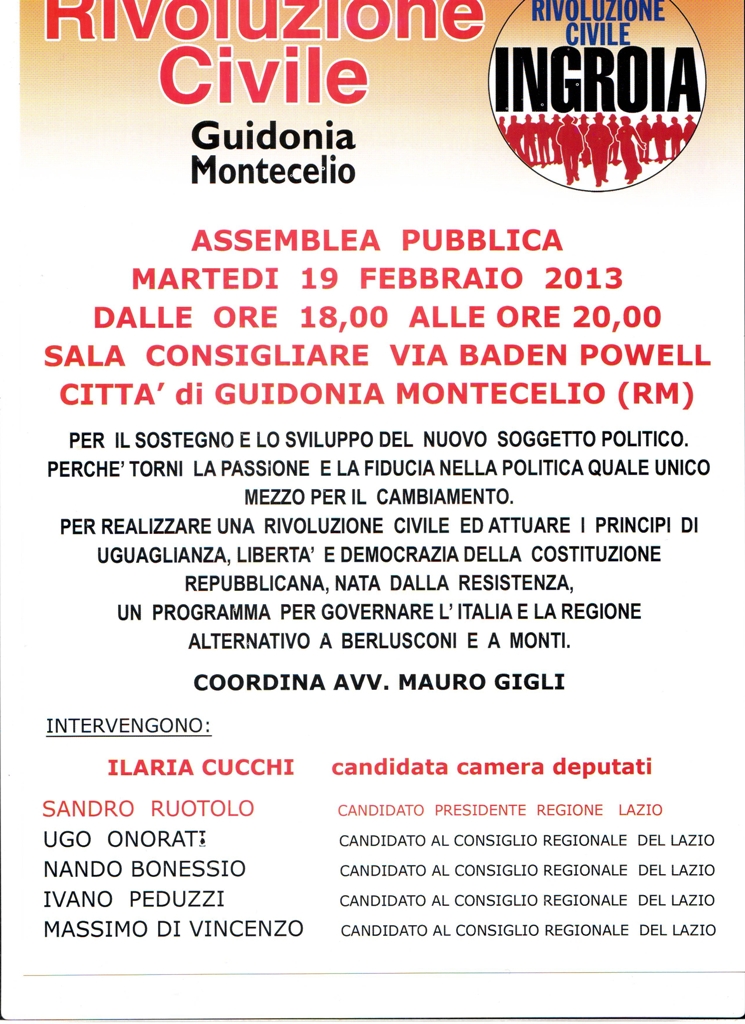 Speciale Elezioni, Rivoluzione civile, il 19 assemblea a Guidonia