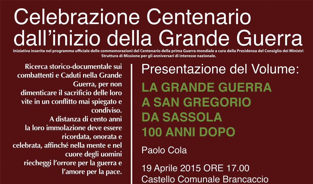Domenica a San Gregorio presentazione del volume La Grande Guerra 100 anni dopo