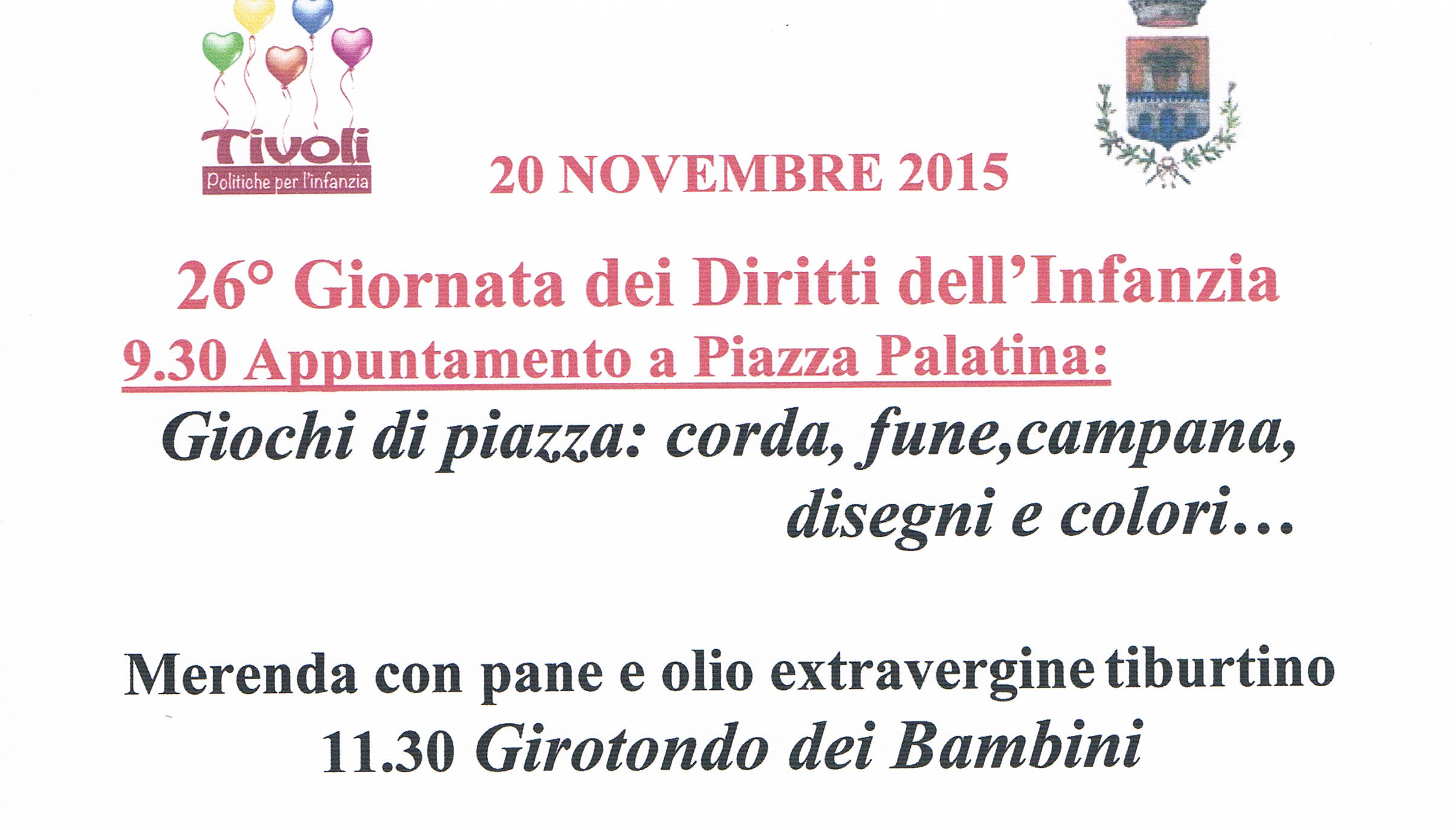 A Tivoli giochi in piazza per la Giornata mondiale diritti dell’infanzia