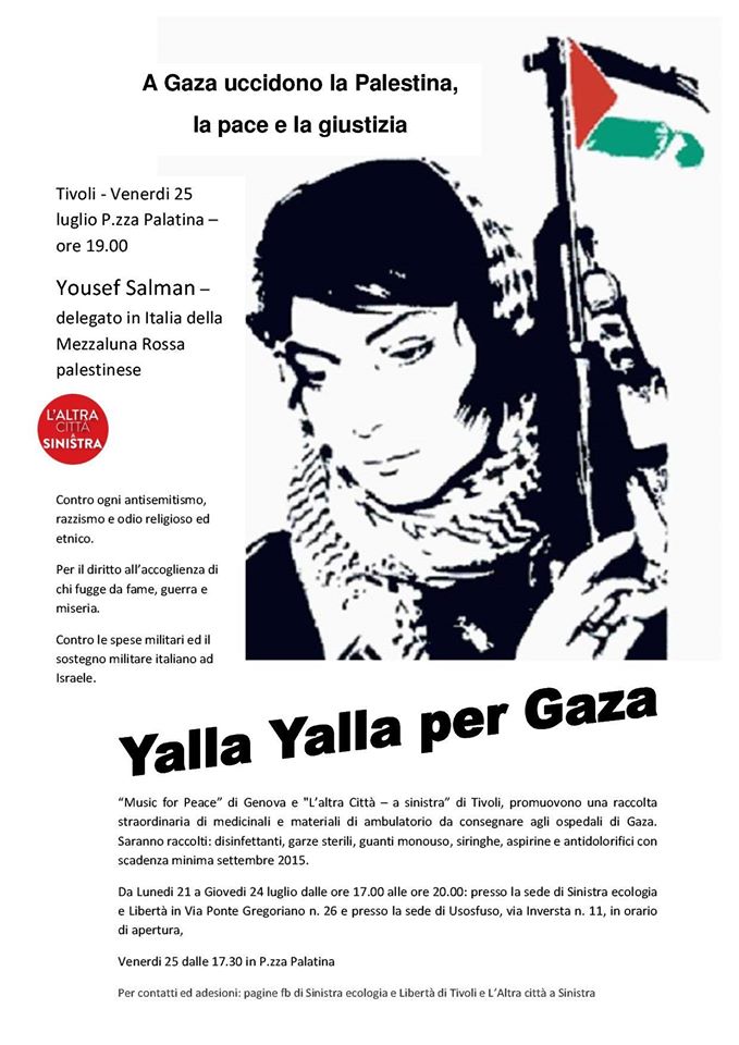 A Tivoli “Yalla Yalla per Gaza”, Sel promuove una raccolta di medicinali