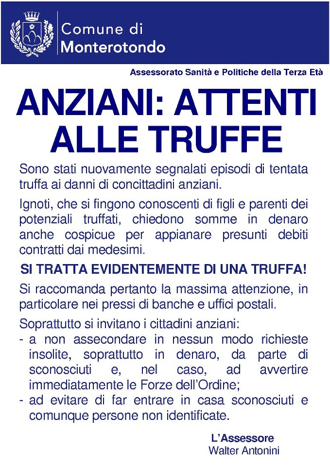 Monterotondo, anziani: attenti alle truffe
