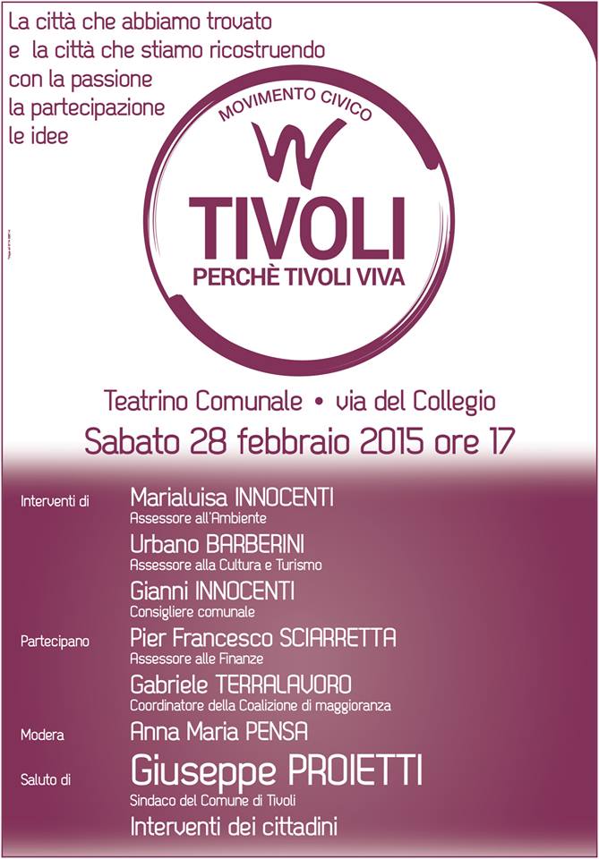 Politica, sabato c’è l’incontro pubblico di Viva Tivoli