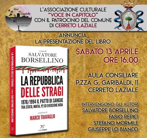 Cerreto Laziale: il 13 aprile presentazione del libro di Borsellino “La repubblica delle stragi”