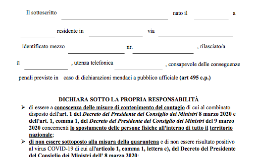 Il nuovo modulo per le autocertificazioni relative agli spostamenti