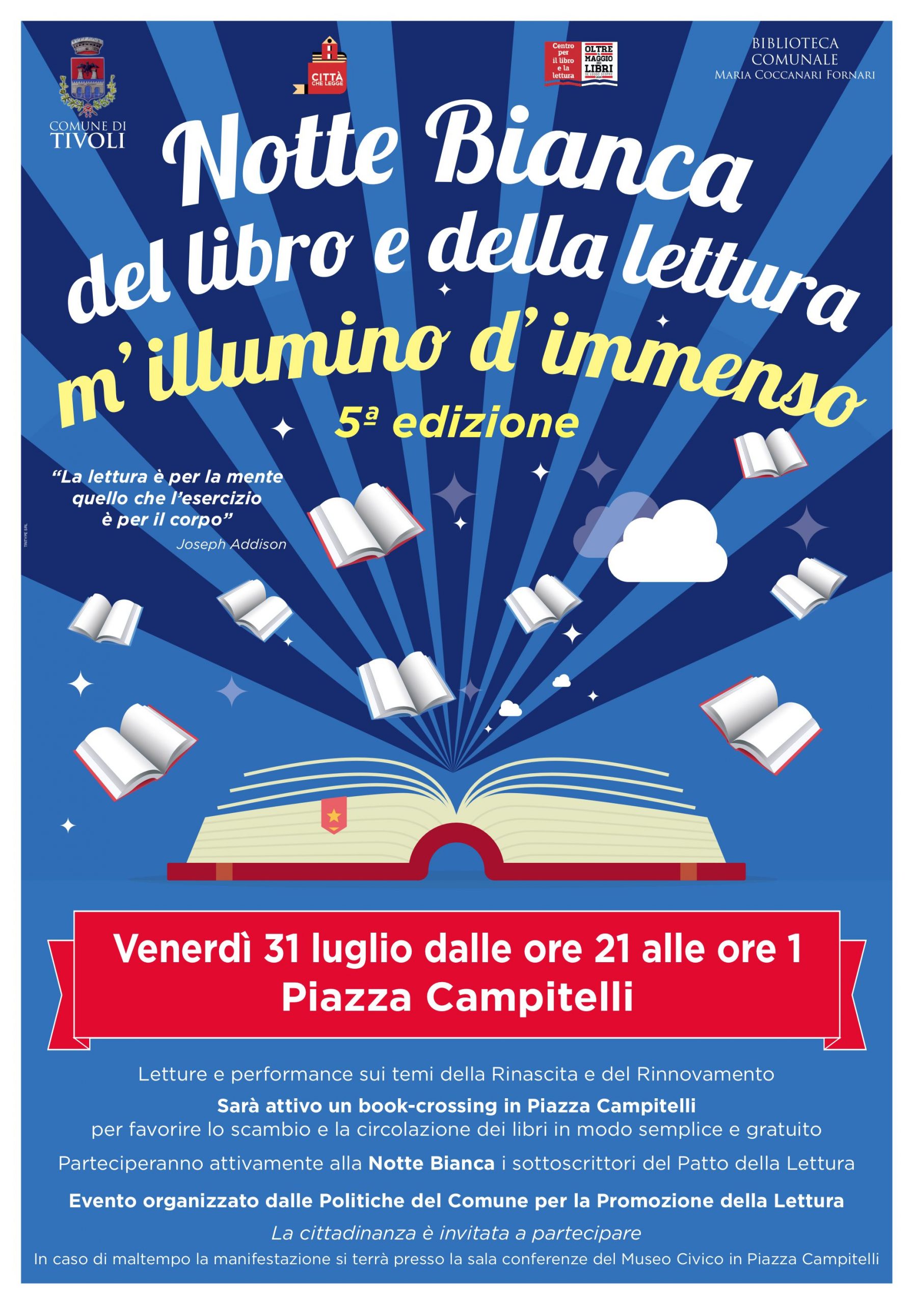 Tivoli: torna la “Notte bianca del libro e della lettura – m’illumino d’immenso’”