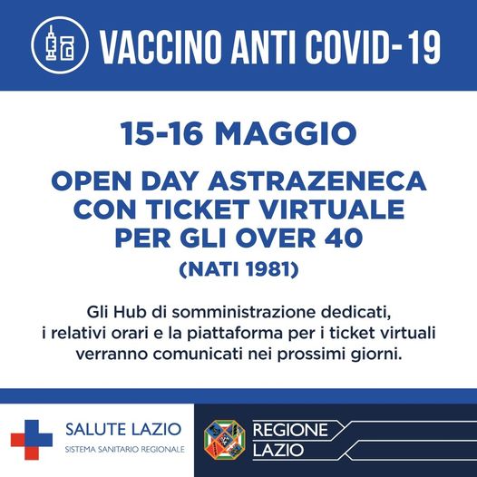 Sabato 15 e domenica 16 maggio Open day Astrazeneca con ticket virtuale per gli over 40