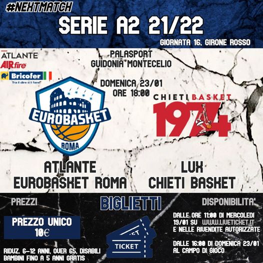 L’Atlante Eurobasket Roma domenica al Palasport di Guidonia incontra il Chieti