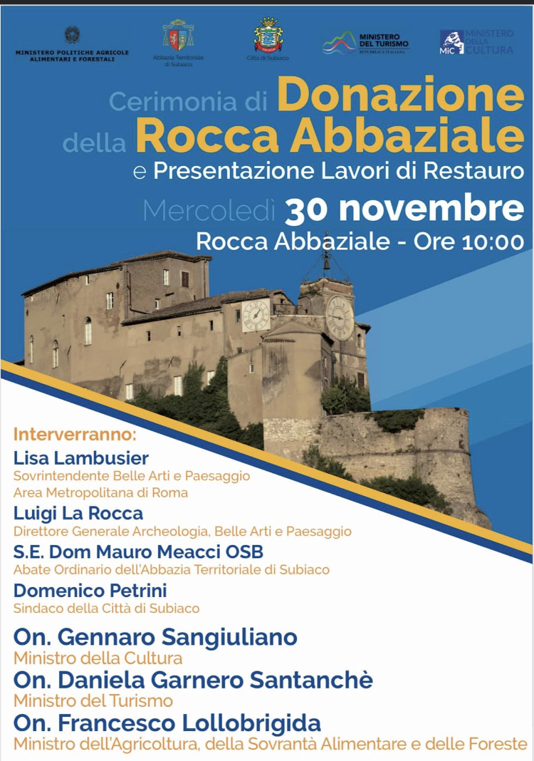 Subiaco, cerimonia di donazione della Rocca Abbaziale