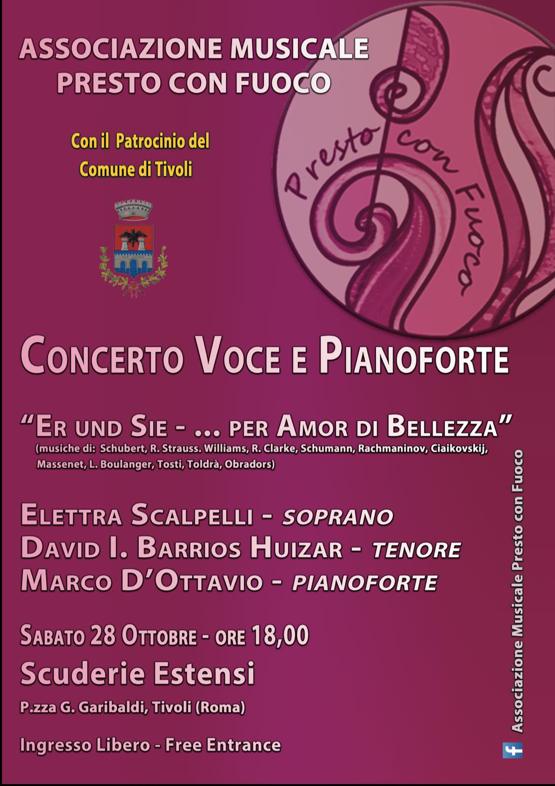 Sabato 28 ottobre a Tivoli con associazione musicale ” Presto con fuoco”