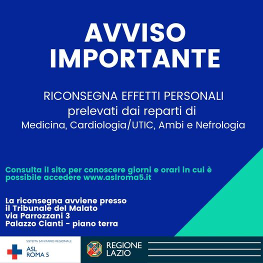 Ospedale Tivoli: riconsegna effetti personali ai malati