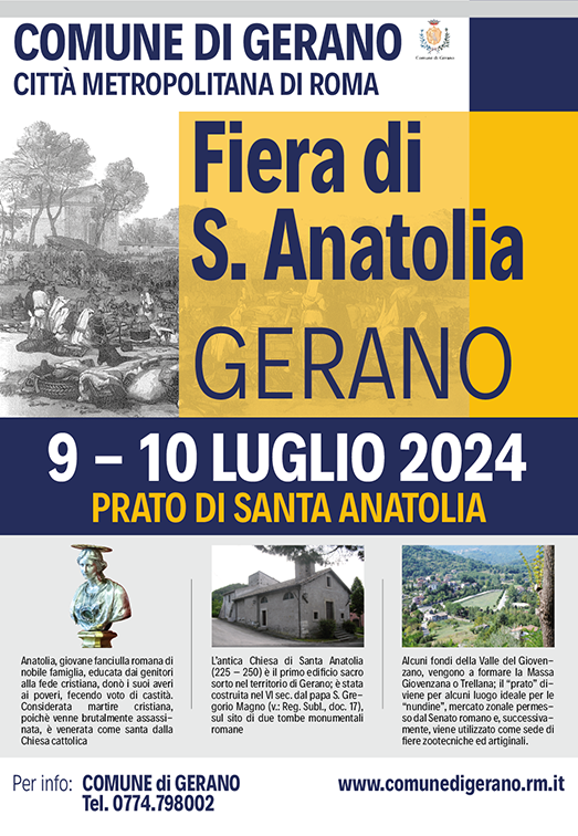 Gerano: 9 e 10 luglio Festa e Fiera di Santa Anatolia