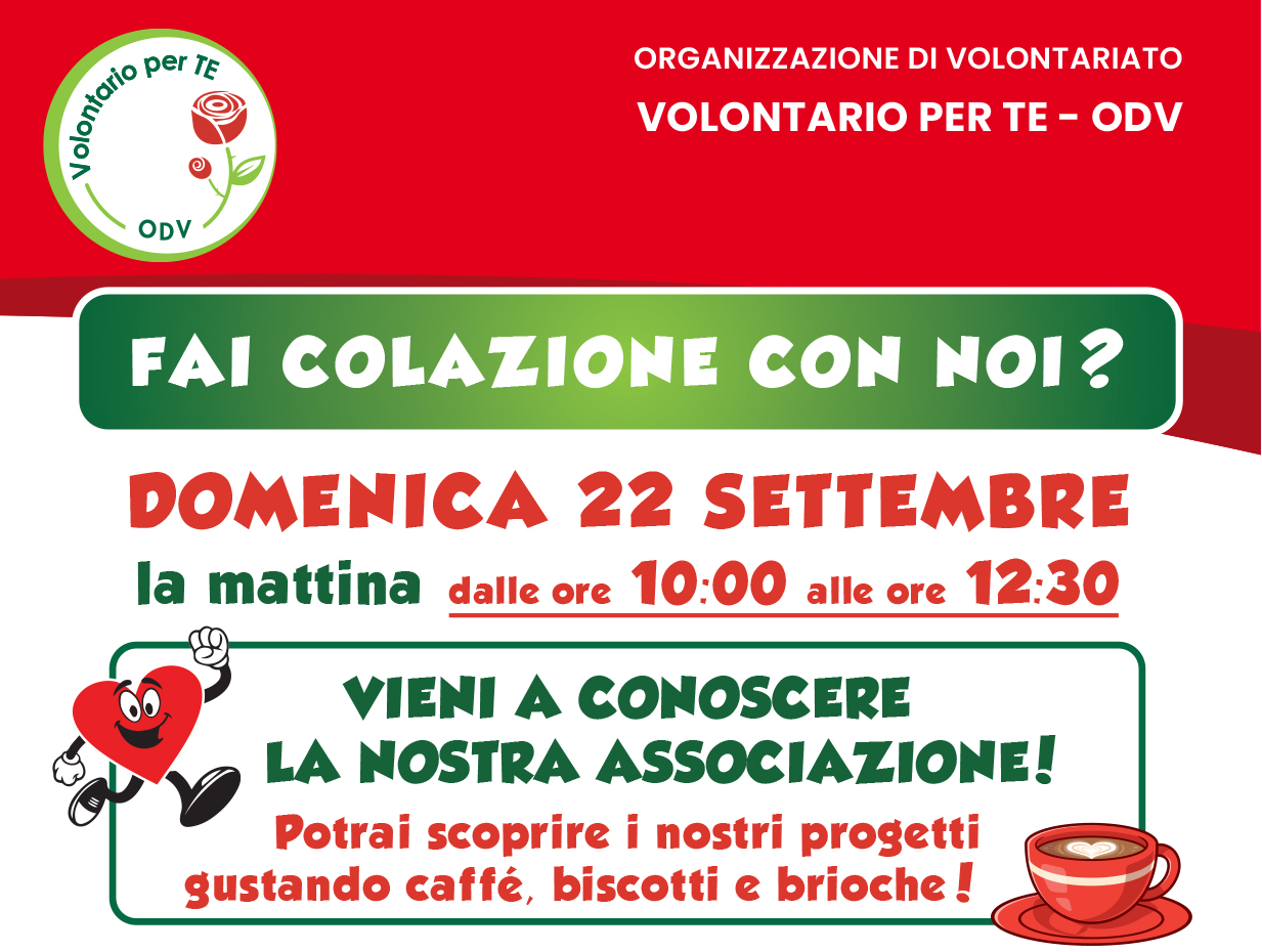 Domenica 22 settembre l’associazione “Volontario per Te” ti invita a colazione! 