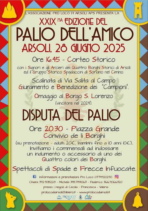 Ad Arsoli il 28 giugno torna il Palio dell’Amico