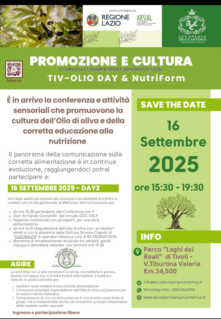 Tivoli, Laghi dei Reali la giornata dedicata all’olio d’oliva e alla sana alimentazione con Accademia Ergo Cantemus