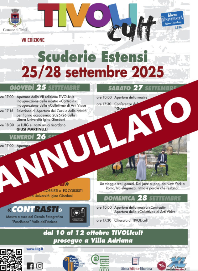 TIVOLIcult annullata: il Comune revoca il patrocinio per tre giorni