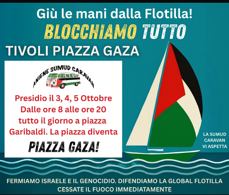 Tivoli, piazza Garibaldi diventa “Piazza Gaza”: tre giorni di presidio dal 3 al 5 ottobre