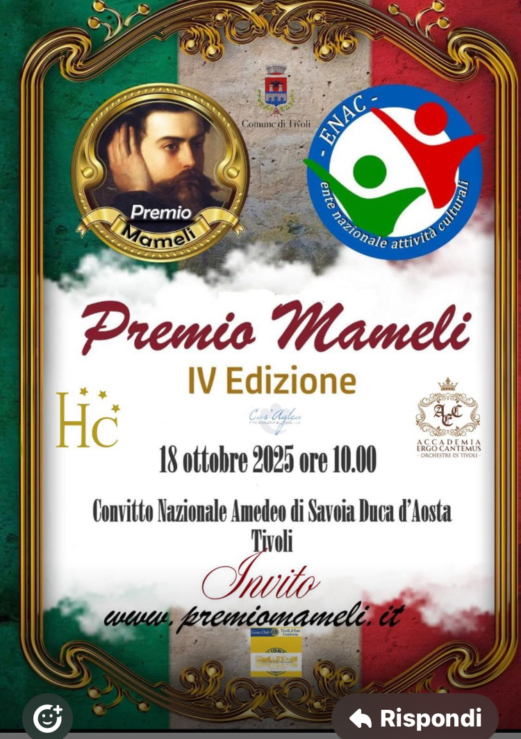 Il 18 ottobre a Tivoli per la IV Edizione del “Premio Mameli”