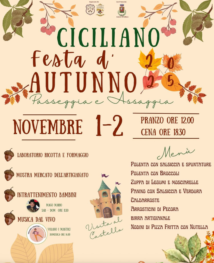 Ciciliano: 1 e 2 novembre appuntamento con i sapori d’autunno